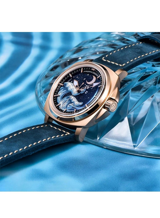 Men's Automatic Mechanical Watches NH35 Movement Imported From Japan, Luminous Dial, Sports Waterproof, Classic Retro Leather Blue Strap, Gold Dial
