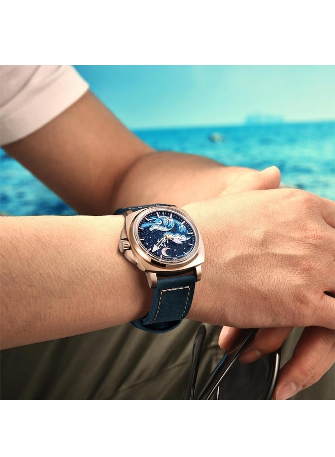 Men's Automatic Mechanical Watches NH35 Movement Imported From Japan, Luminous Dial, Sports Waterproof, Classic Retro Leather Blue Strap, Gold Dial