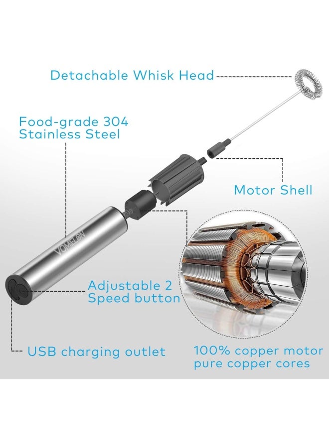 Rechargeable Milk Frother Battery Operated,2-Speed Portable Travel Frother,Electric Milk Foamer Coffee Frother For Latte, Cappuccino, Hot Chocolate Drink Mixer With Double Mini Whisks And Usb Cable