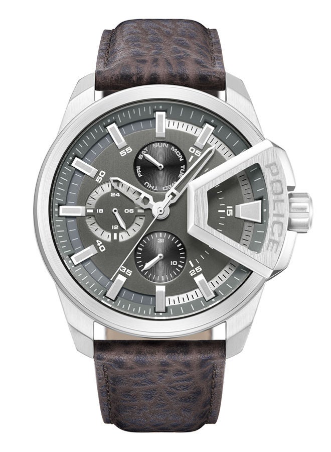 POLICE - Underlined Watch For Men Grey Brown Leather Strap - PEWJF0005703