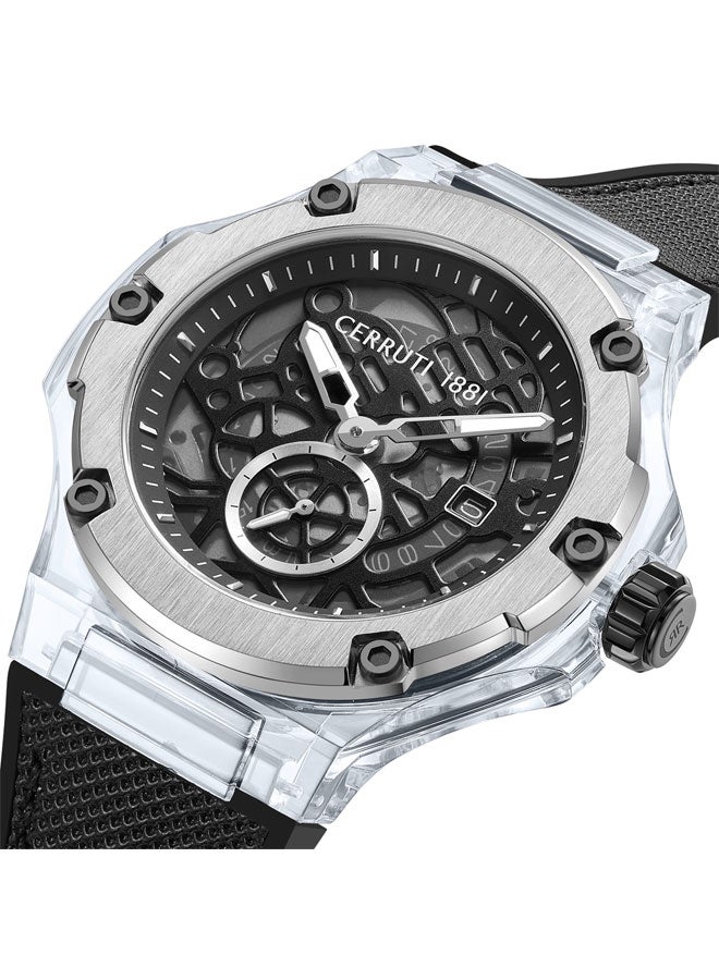 Lucardo 52mm Men's Analog Watch with Black Nylon-Genuine Leather Strap