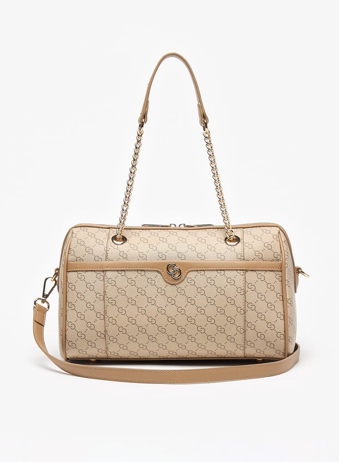 Monogram Print Bowler Bag with Zip Closure and Detachable Strap