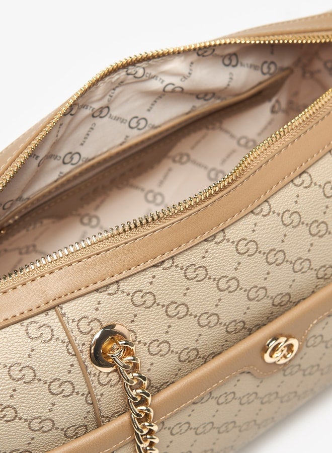 Monogram Print Bowler Bag with Zip Closure and Detachable Strap