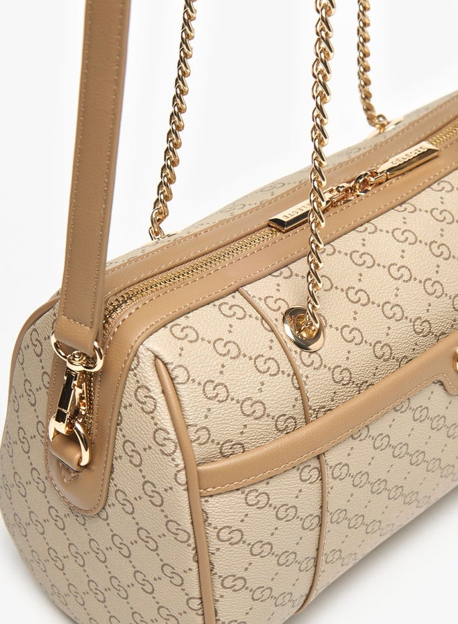 Monogram Print Bowler Bag with Zip Closure and Detachable Strap