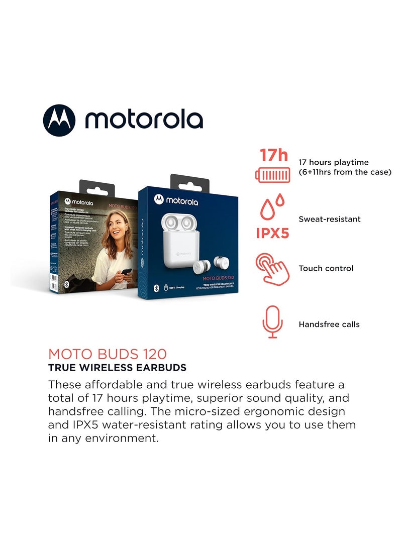 Sound Moto Buds 120 | Wireless Earphones | Bluetooth | Waterproof and Sweatproof | Touch and Voice Control White