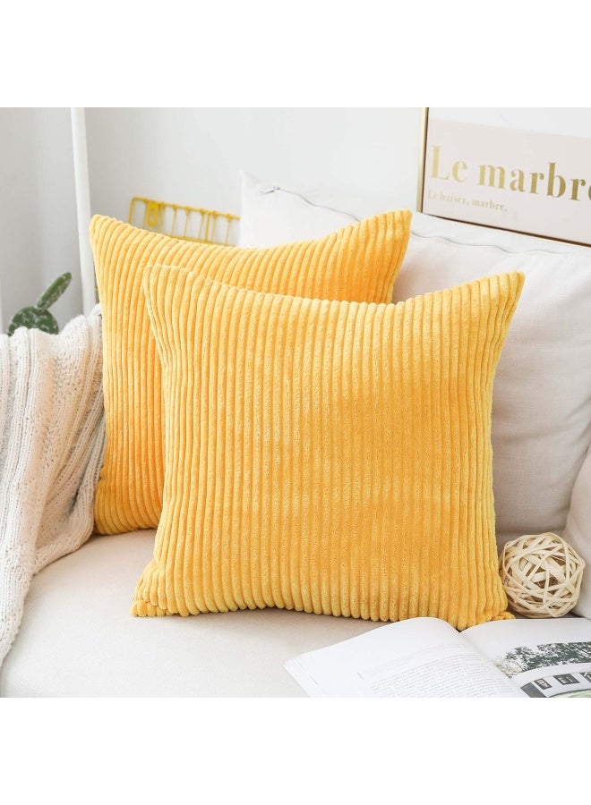 Set Of 2 Decorative Pillow Covers Solid Striped Corduroy Plush Velvet Cushion Cover For Couch 50Cm 20 X 20 Inch Sunflower Yellow