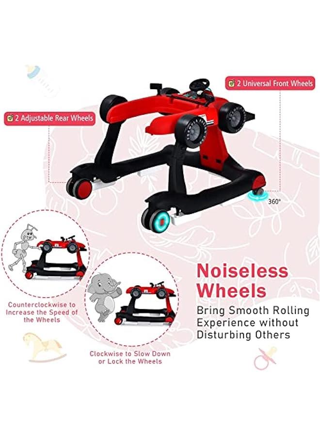 DMG Baby Walker, 4 in 1 Foldable Baby Walker, Adjustable Height & Speed, Music, Lights, Steering Wheel, Comfy Seat Cushion, Activity Baby Push Walker for Boys Girls Aged 6–18 Months (Red)