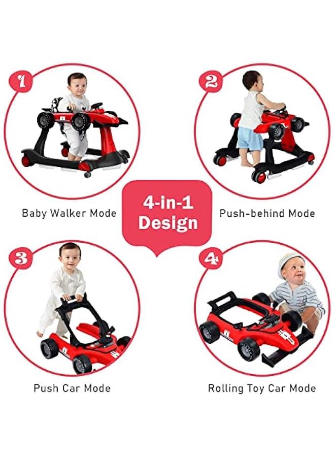 DMG Baby Walker, 4 in 1 Foldable Baby Walker, Adjustable Height & Speed, Music, Lights, Steering Wheel, Comfy Seat Cushion, Activity Baby Push Walker for Boys Girls Aged 6–18 Months (Red)