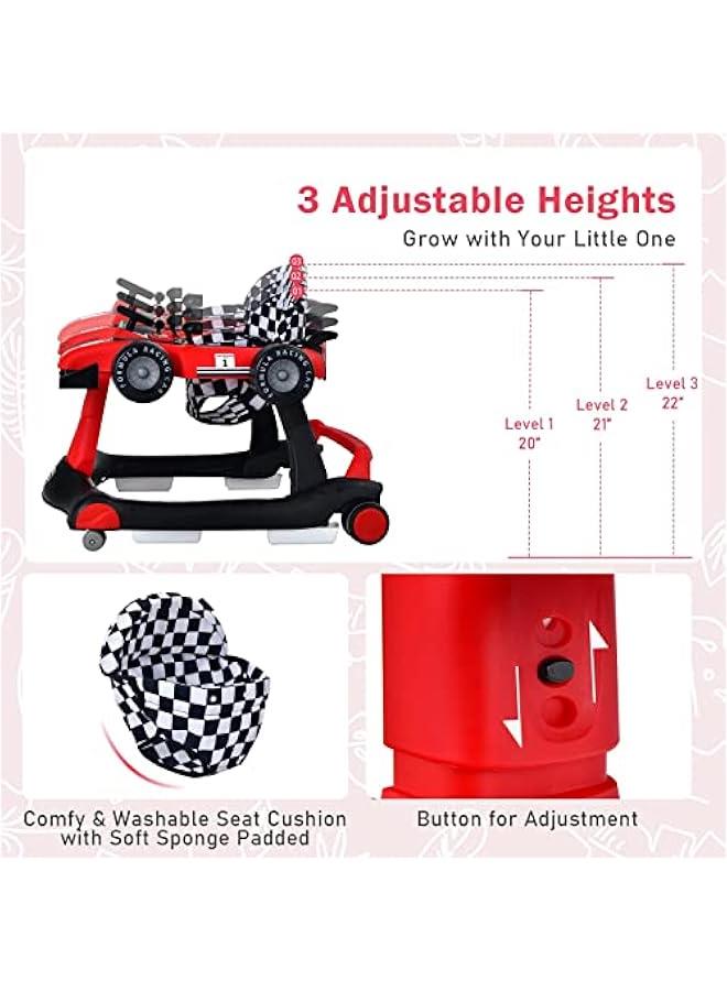 DMG Baby Walker, 4 in 1 Foldable Baby Walker, Adjustable Height & Speed, Music, Lights, Steering Wheel, Comfy Seat Cushion, Activity Baby Push Walker for Boys Girls Aged 6–18 Months (Red)