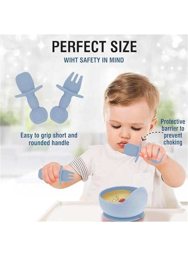 Baby Feeding Set, Baby Led Weaning Supplies with Suction Bowl Divided Plate, Toddler Self Feeding Dish Set with Spoons Forks Sippy Cup Adjustable Bib,Eating Utensils for 6+ Months Flatware Sets (Blu