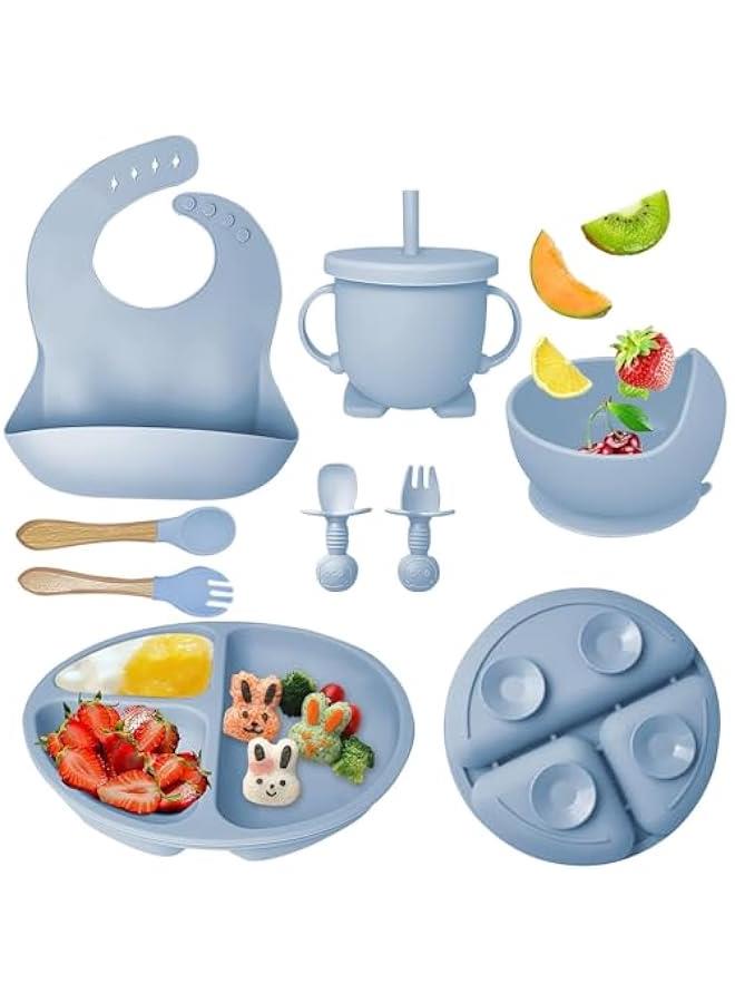 Baby Feeding Set, Baby Led Weaning Supplies with Suction Bowl Divided Plate, Toddler Self Feeding Dish Set with Spoons Forks Sippy Cup Adjustable Bib,Eating Utensils for 6+ Months Flatware Sets (Blu