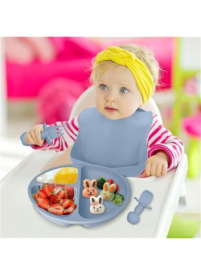 Baby Feeding Set, Baby Led Weaning Supplies with Suction Bowl Divided Plate, Toddler Self Feeding Dish Set with Spoons Forks Sippy Cup Adjustable Bib,Eating Utensils for 6+ Months Flatware Sets (Blu