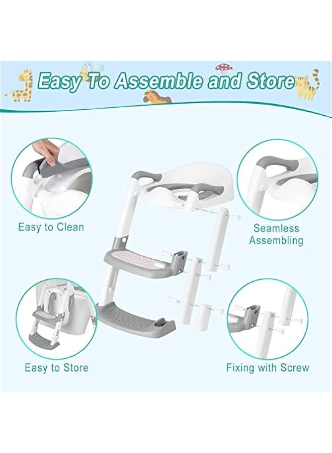 DMG Potty Training Seat, Kids Toilet Training Seat with Step Stool, Foldable Portable Potty Chair with Adjustable Height Ladder Guard Handle Soft Cushion White for Baby Toddler Boys Girls (Grey)