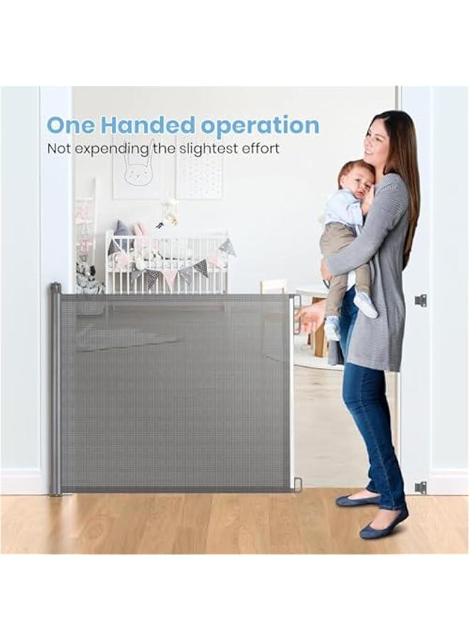 Retractable Baby Gate, Auto Close Safety Baby Gate, Durable Mesh Safety Gate for Baby and Pet, 150cm*86cm, Adjustable Width, Pet Gate for Doorway, Staircase, Indoor, Outdoor (Gray)