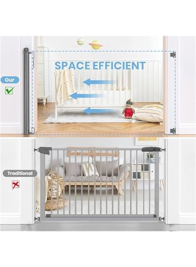 Retractable Baby Gate, Auto Close Safety Baby Gate, Durable Mesh Safety Gate for Baby and Pet, 150cm*86cm, Adjustable Width, Pet Gate for Doorway, Staircase, Indoor, Outdoor (Gray)