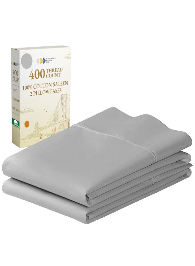 400 Thread Count 100 Cotton Pillow Cases Light Grey Standard Pillowcase Set Of 2 Long Staple Combed Pure Natural Cotton Pillowcase Soft And Silky Sateen Weave