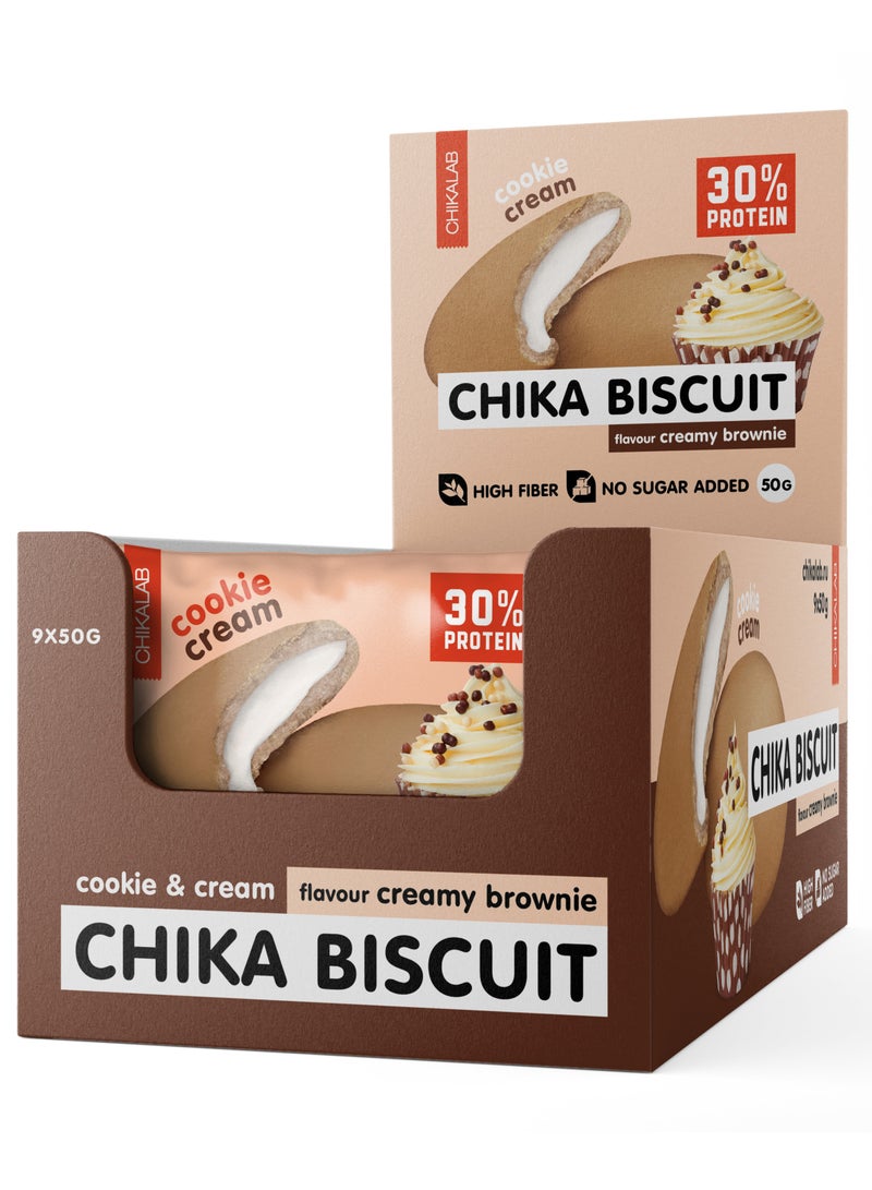 Chika Biscuit Protein Cookie Cream Filling Creamy Brownie Flavor High Fiber and No Sugar Added 9x50g