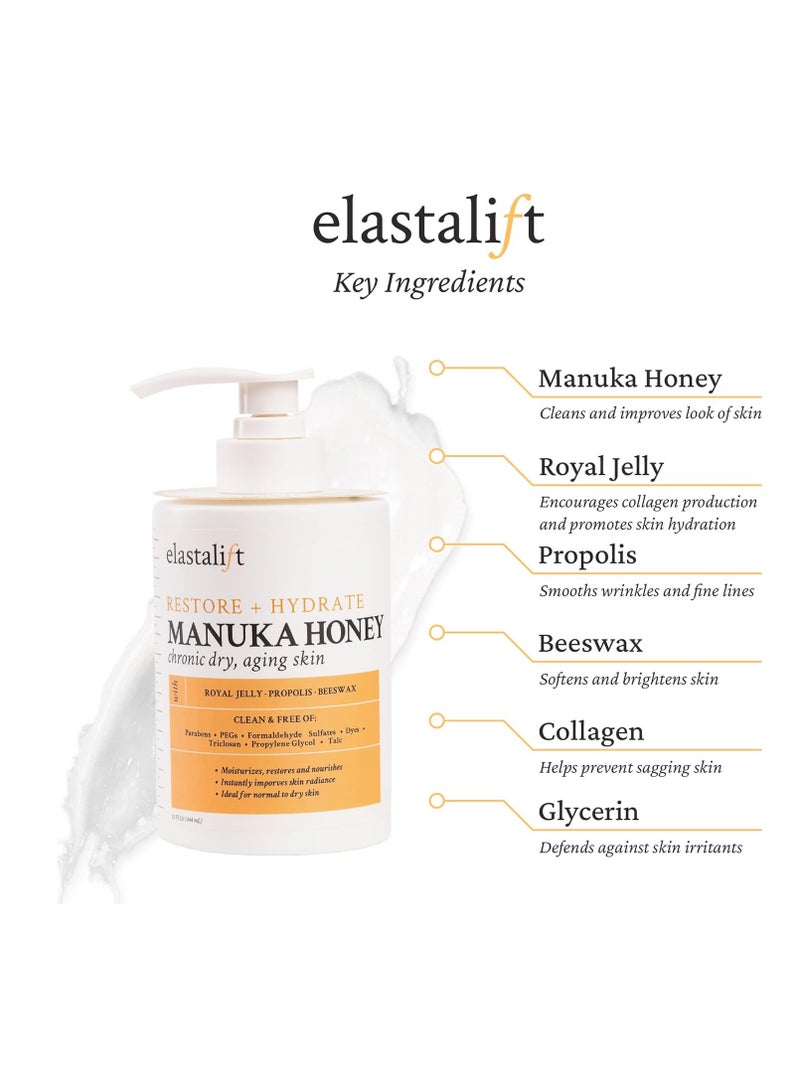 Elastalift Manuka Honey Cream Face Moisturizer & Body Butter Lotion For Dry Skin | Firming & Hydrating Miracle Balm Skin Care Moisturizing Lotion For Women, Wrinkles, & Sun Damaged Skin, 15 Fl Oz