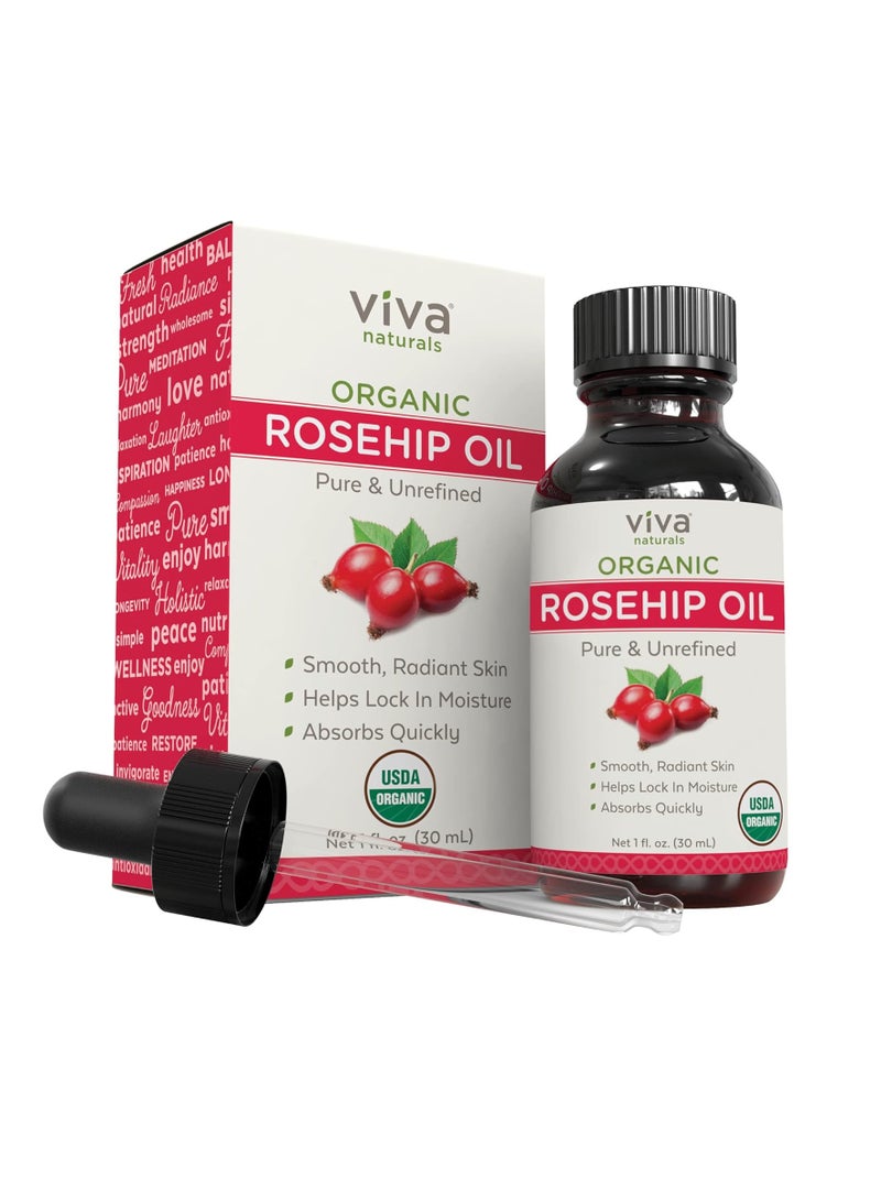 Viva Naturals Organic Rosehip Seed Oil (1 fl oz) - 100% Pure, Cold Pressed Moisturizing Rose hip Oil for Face, Hair, Dry Skin & Nails, Non-GMO