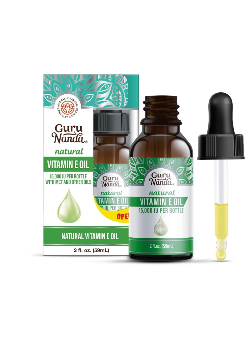 GuruNanda Vitamin E Oil (2 Fl Oz) - 100% Pure & Natural, 15,000 IU per Bottle for Skin, Hair, Face, Nails & Scars - With Coconut Oil to Help Nourish & Moisture - Non-GMO, Vegan & No Soybean