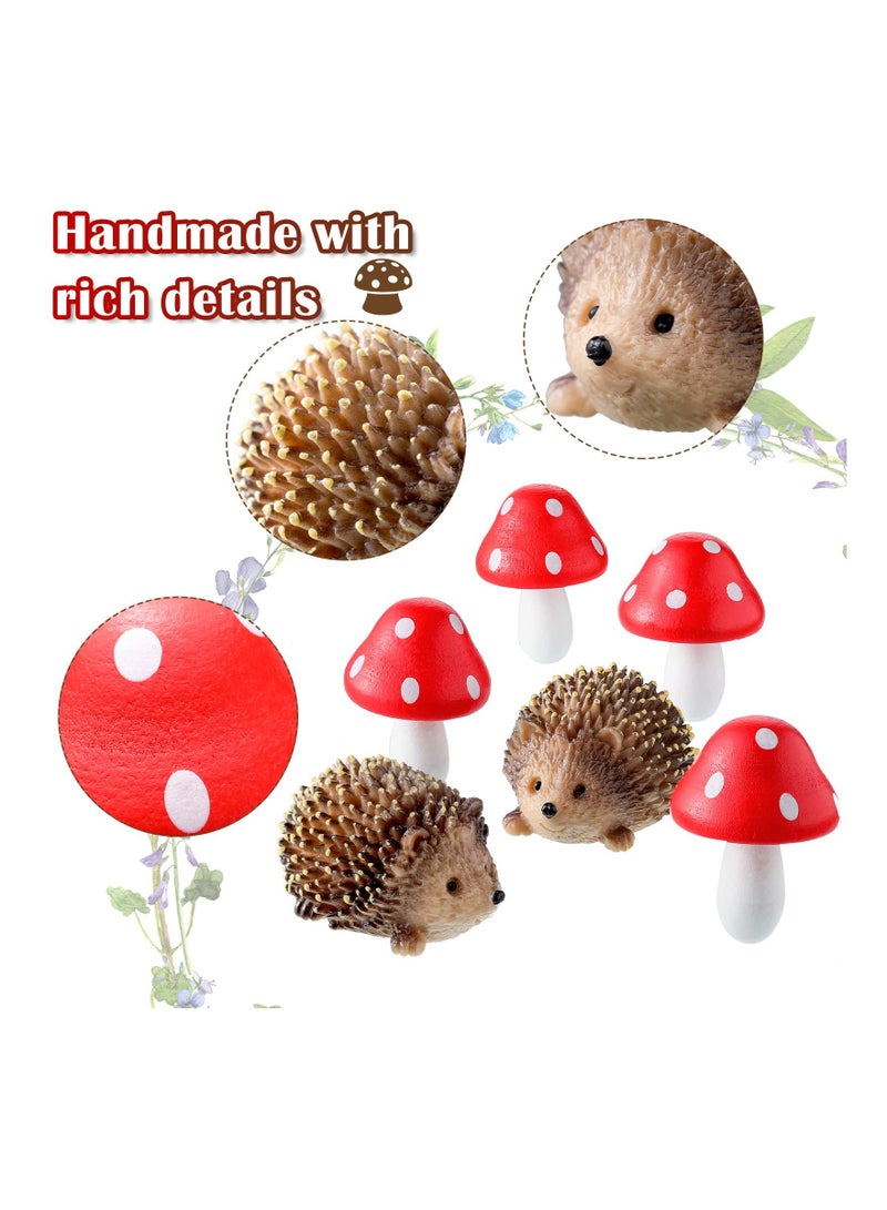 Fairy Garden Animal Figurines - Resin Hedgehogs & Wood Mushroom for Outdoor Decor, Miniature Garden Accessories for Plant Pots & Bonsai Craft Supplies