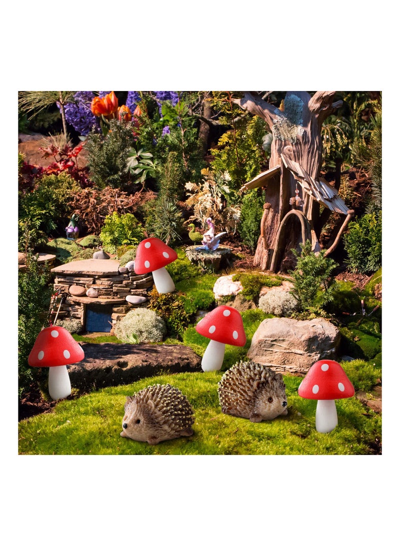 Fairy Garden Animal Figurines - Resin Hedgehogs & Wood Mushroom for Outdoor Decor, Miniature Garden Accessories for Plant Pots & Bonsai Craft Supplies