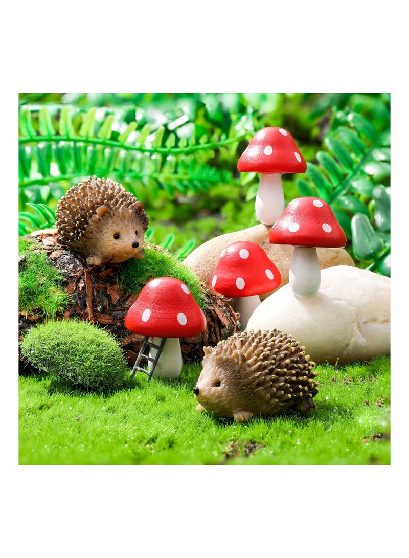 Fairy Garden Animal Figurines - Resin Hedgehogs & Wood Mushroom for Outdoor Decor, Miniature Garden Accessories for Plant Pots & Bonsai Craft Supplies