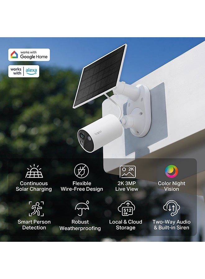 Tapo C410 KIT
Solar-Powered Security Camera Kit
Superior 2K 3MP Visuals
Wire-Free, Installs Almost Anywhere
IP65 Weatherproof