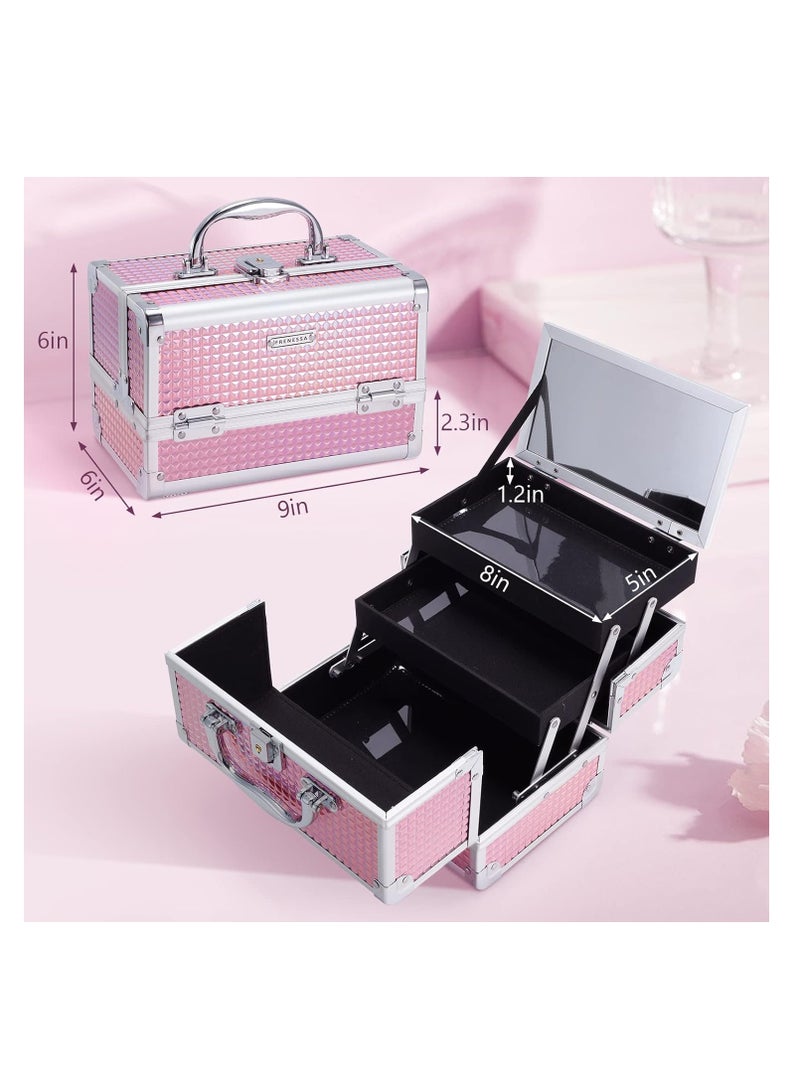 FRENESSA Makeup Train Case Cosmetic Case Organizer Portable Makeup Box 2 Trays with Lockable Mirror Makeup Storage Organizer for Girls Makeup Artist Makeup Tools Travel Makeup Case Glitter Pink