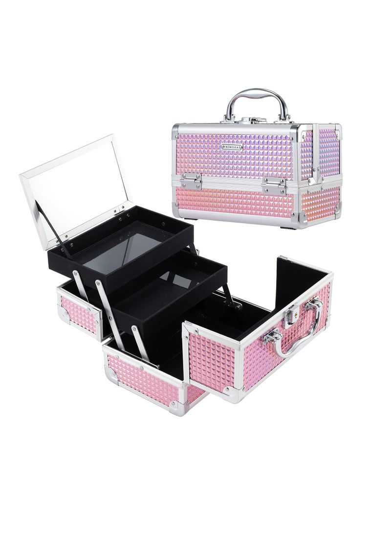 FRENESSA Makeup Train Case Cosmetic Case Organizer Portable Makeup Box 2 Trays with Lockable Mirror Makeup Storage Organizer for Girls Makeup Artist Makeup Tools Travel Makeup Case Glitter Pink