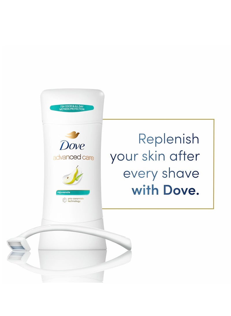 Dove Advanced Care Antiperspirant Deodorant Stick Rejuvenate 4 Count to help skin barrier repair after shaving by boosting skin's ceramide levels 72-hour odor control for soft underarms 2.6 oz