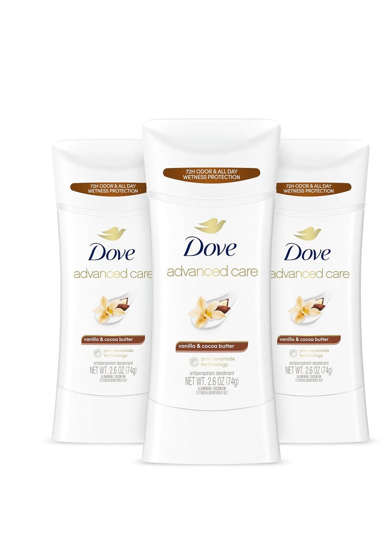 Dove Advanced Care Antiperspirant Deodorant Stick Vanilla & Cocoa Butter 3 Count Antiperspirant deodorant with Pro-Ceramide Technology 72-hour odor control and all-day sweat protection 2.6 oz