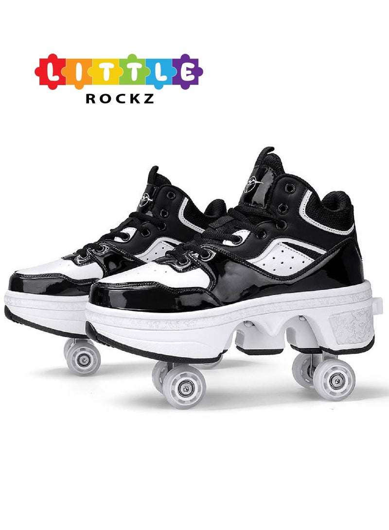 Little Rockz Double Row Skate Sneakers Shoes, 2 in 1 Parkour Shoes with Wheels for for Adult Kids Retractable Pulley Roller Skate Shoes