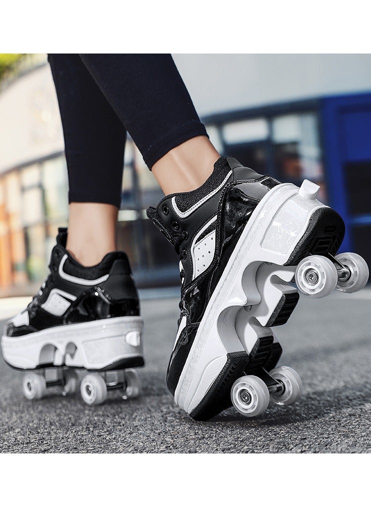 Little Rockz Double Row Skate Sneakers Shoes, 2 in 1 Parkour Shoes with Wheels for for Adult Kids Retractable Pulley Roller Skate Shoes