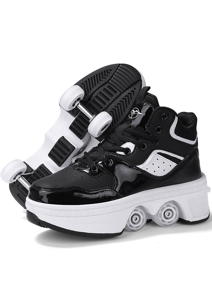 Little Rockz Double Row Skate Sneakers Shoes, 2 in 1 Parkour Shoes with Wheels for for Adult Kids Retractable Pulley Roller Skate Shoes