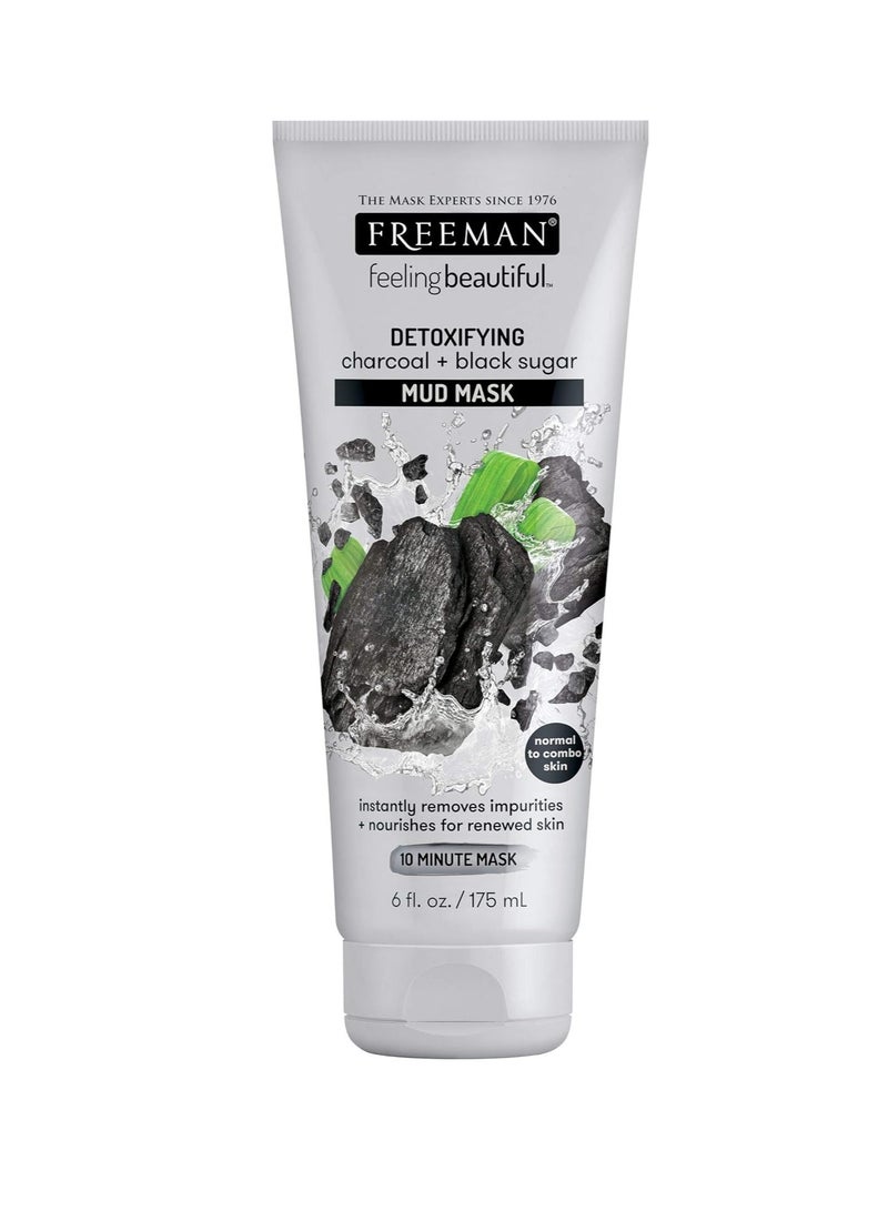 Freeman Detoxifying Charcoal & Black Sugar Mud Mask, Hydrating and Oil Absorbing Facial Mask, 6 fl oz tube/175 mL