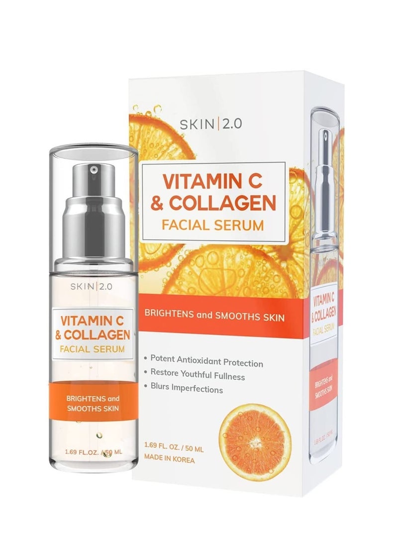 Vitamin C Serum With Collagen - Dermatologist Tested Korean Skin Care for Dark Spots & Skin Brightening - Anti Aging & Acne Facial Serum - Cruelty Free - For All Skin Types - 1.69Fl. oz by Skin 2.0