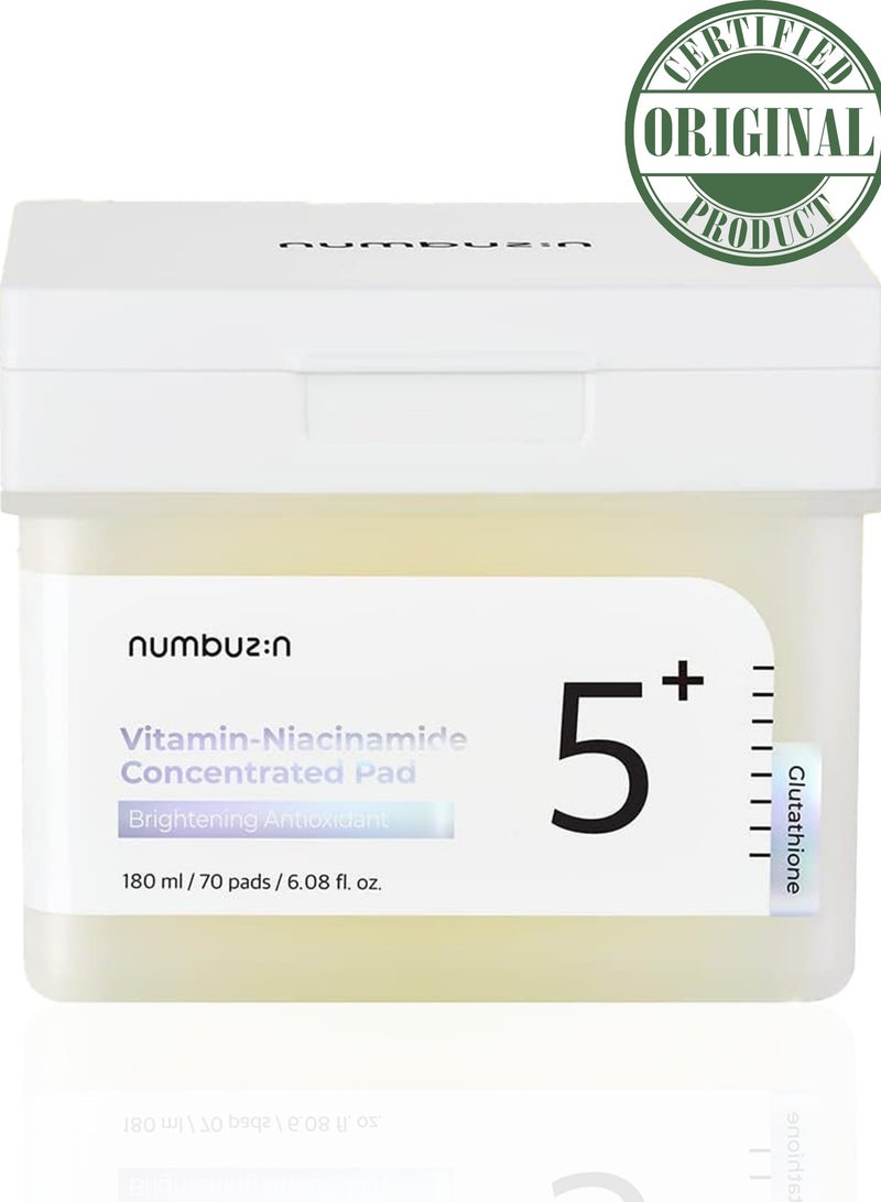 Numbuzin No.5+ Niacinamide Concentrated Toner Pads - 70 Pads with Glutathione, Niacinamide, PHA & LHA | 180ml Korean Skincare Set