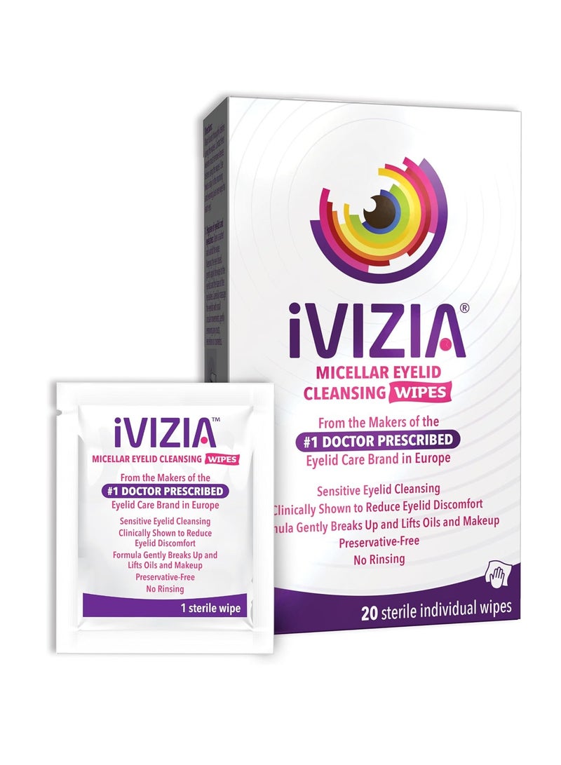 iVIZIA Eyelid Cleansing Wipes for Sensitive Eyelid Cleansing, Preservative-Free, Micellar, No Rinse, Gentle Eye Makeup Remover, 20 Sterile Single-Use Wipes for Eyelids