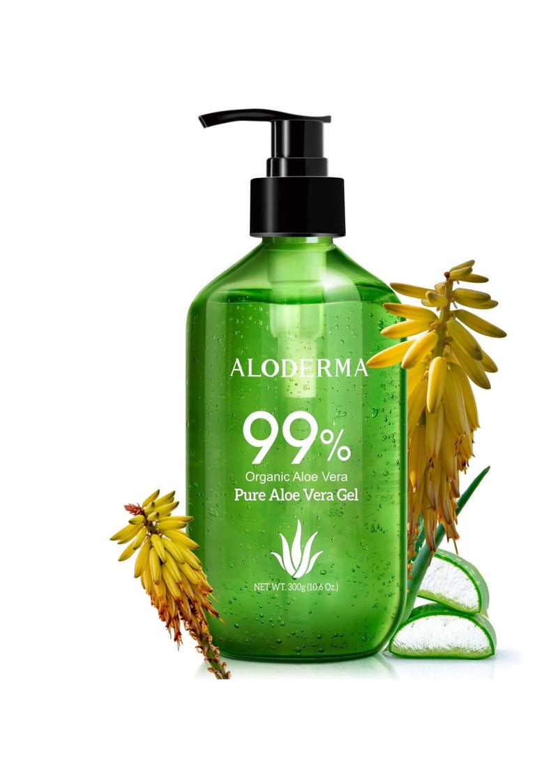 Aloderma 99% Organic Aloe Vera Gel Made within 12 Hours of Harvest - Lightweight, Non-Sticky Aloe Gel for Face Body, Hair, & Scalp, After Sun Relief, Natural, Soothing Hydrating Aloe Gel, 10.6oz