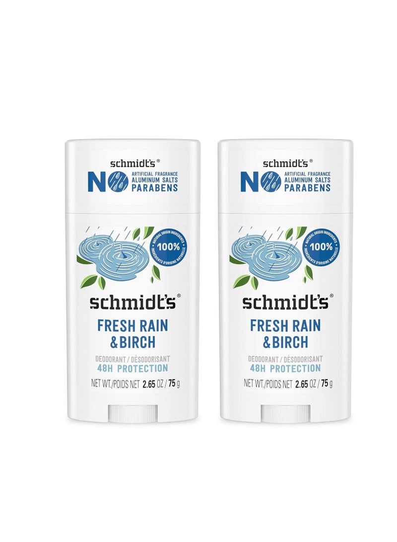 Schmidt's Aluminum-Free Vegan Deodorant Fresh Rain & Birch with 24 Hour Odor Protection, 2 Count for Women and Men, Natural Ingredients, Cruelty-Free, 2.65 oz