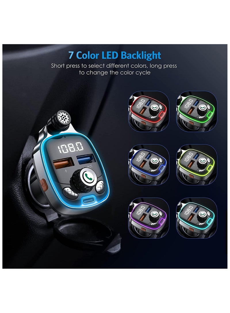 Bluetooth 5.0 FM Transmitter for Car, 7 Colors LED Backlit Bluetooth Car Adapter, Type-C & Dual-Port USB Charger, Supports Hands-Free Calling, USB Flash Drive, TF Card, Wireless Music Streaming