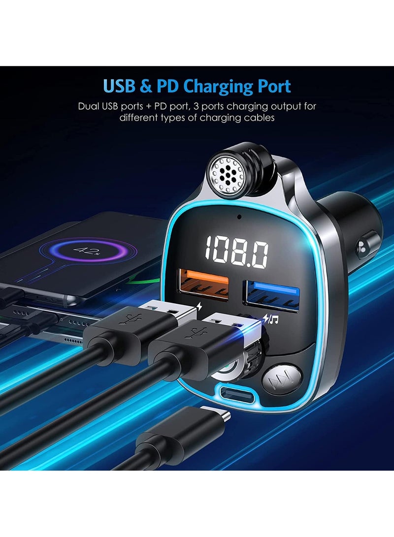Bluetooth 5.0 FM Transmitter for Car, 7 Colors LED Backlit Bluetooth Car Adapter, Type-C & Dual-Port USB Charger, Supports Hands-Free Calling, USB Flash Drive, TF Card, Wireless Music Streaming