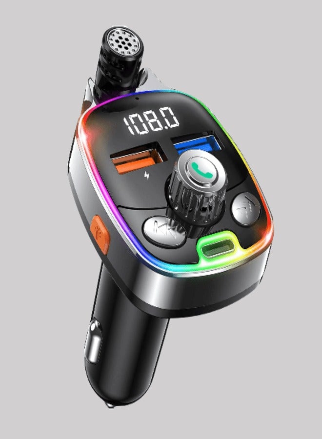 Bluetooth 5.0 FM Transmitter for Car, 7 Colors LED Backlit Bluetooth Car Adapter, Type-C & Dual-Port USB Charger, Supports Hands-Free Calling, USB Flash Drive, TF Card, Wireless Music Streaming