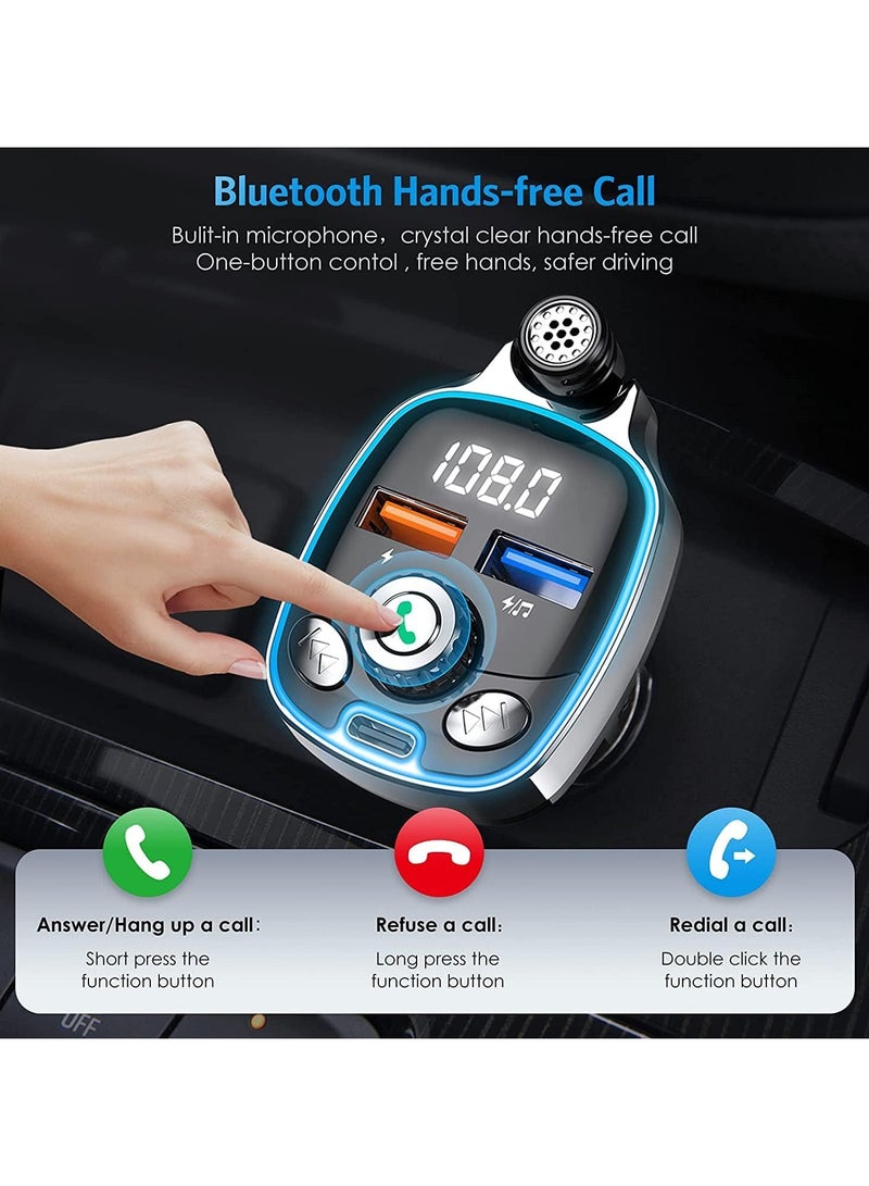 Bluetooth 5.0 FM Transmitter for Car, 7 Colors LED Backlit Bluetooth Car Adapter, Type-C & Dual-Port USB Charger, Supports Hands-Free Calling, USB Flash Drive, TF Card, Wireless Music Streaming