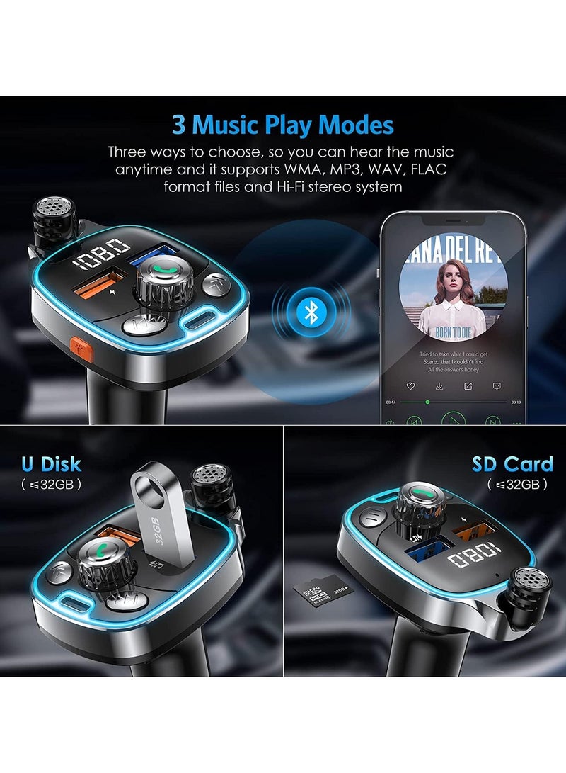 Bluetooth 5.0 FM Transmitter for Car, 7 Colors LED Backlit Bluetooth Car Adapter, Type-C & Dual-Port USB Charger, Supports Hands-Free Calling, USB Flash Drive, TF Card, Wireless Music Streaming