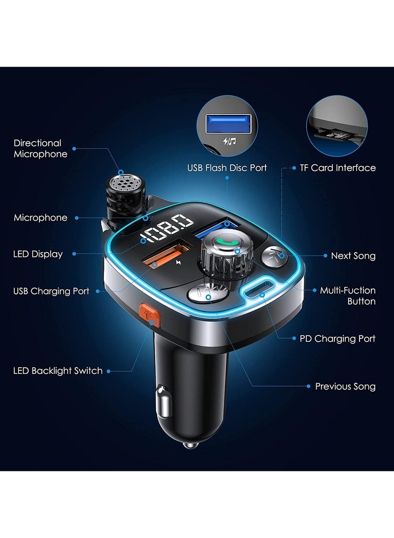 Bluetooth 5.0 FM Transmitter for Car, 7 Colors LED Backlit Bluetooth Car Adapter, Type-C & Dual-Port USB Charger, Supports Hands-Free Calling, USB Flash Drive, TF Card, Wireless Music Streaming