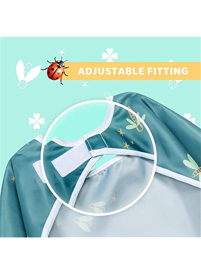 Long Sleeves Toddler Weaning Bibs |Sleeved Baby Waterproof Feeding Coverall Set | Catching Food & Wipe Clean 6-36 Months（Ant&Dragonfly）