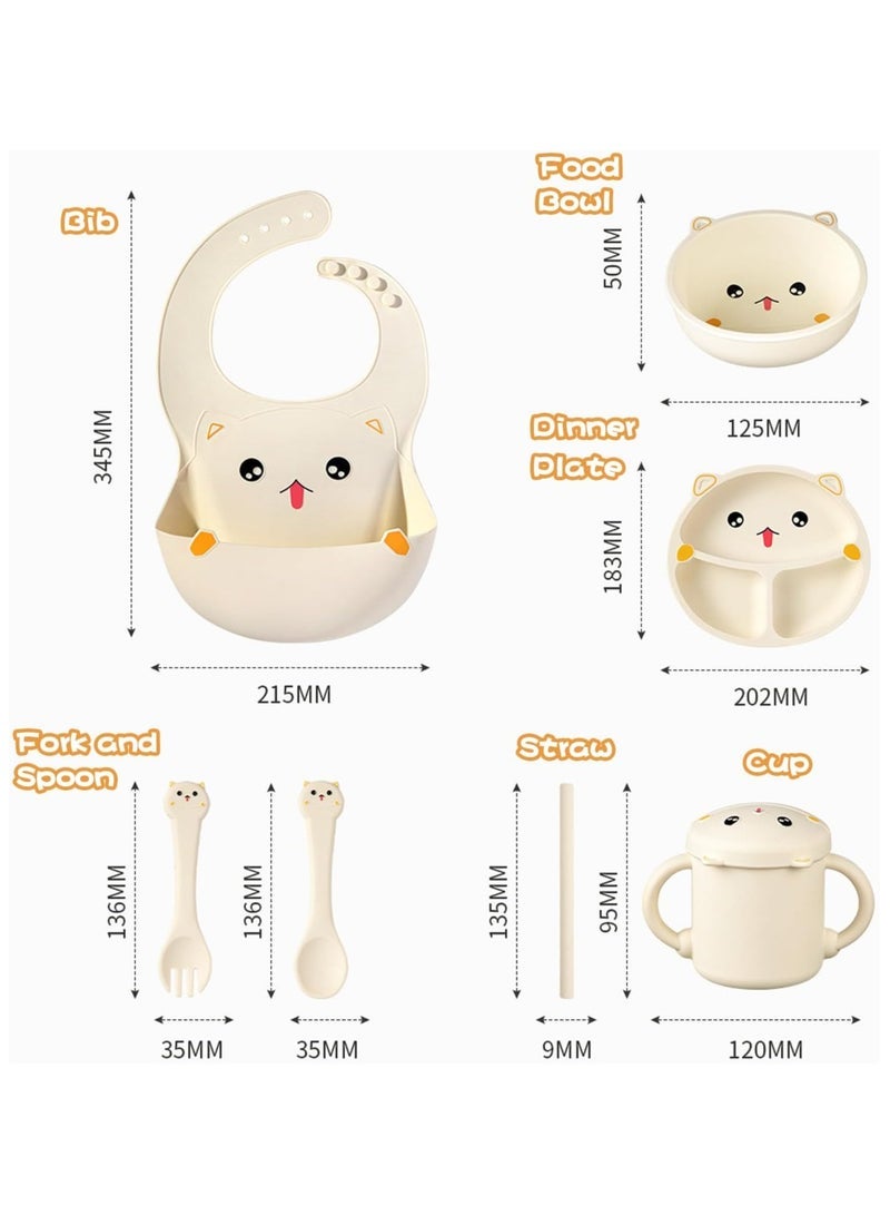 Silicone Baby Feeding Set, 7 Pack Non Slip Baby Weaning Supplies Set, Baby Plate Bowl Set with Bib Spoon Fork Sippy Cup, Toddler Self Feeding Dish Set