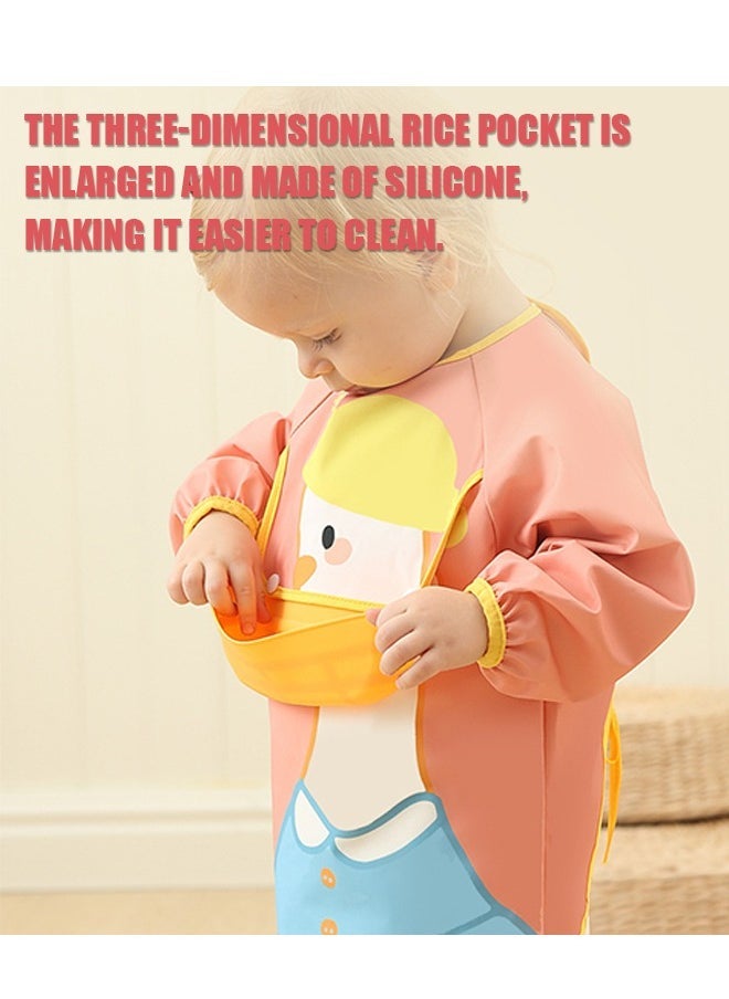 Long Sleeve Baby Bib Waterproof Feeding Bibs with Detachable Food Scraps Catcher Pocket (Pink+Yellow)